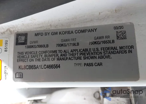 2020 Chevrolet Spark Fwd Ls Automatic из США, поврежденный, VIN KL8CB6SA1LC466564